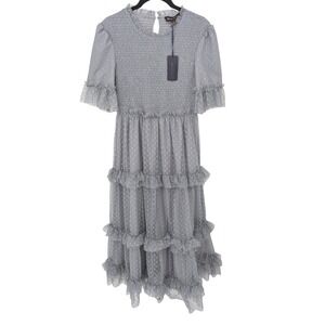 Deauville Mesh Dress Womens Small Gray Smocked Swiss Dot Tiered Midi Ethereal